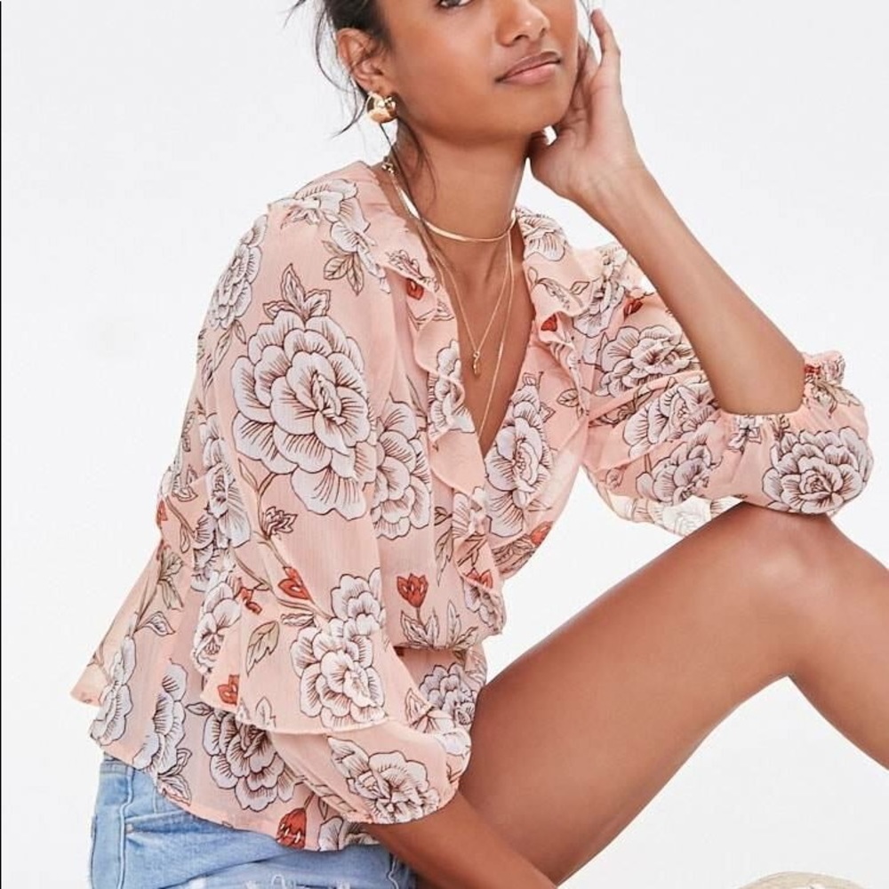 Pink Floral Print Ruffled Blouse🌸